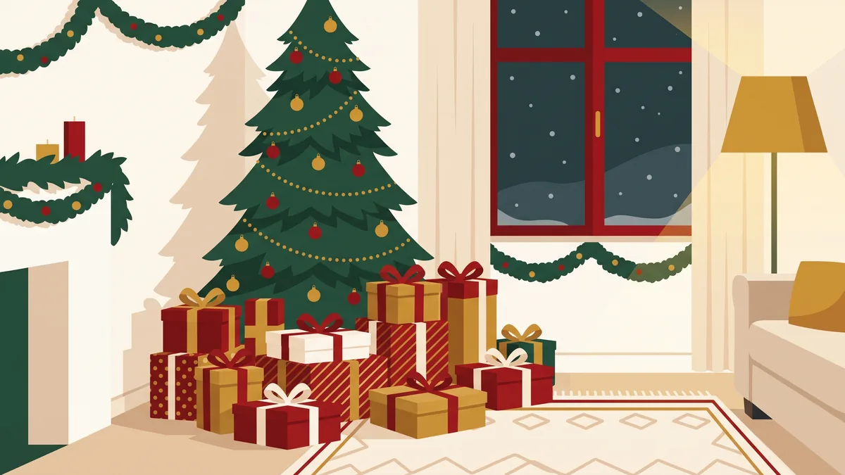 Salón navideño con árbol decorado y regalos envueltos