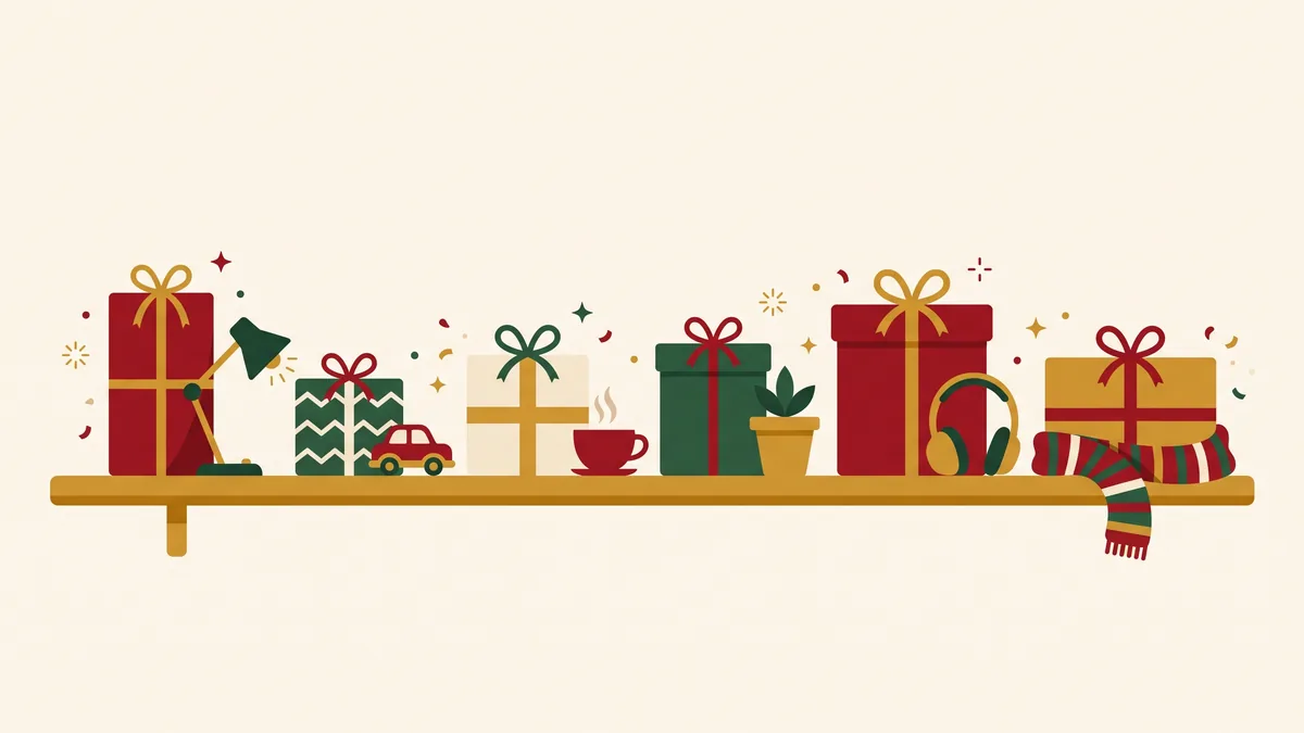 Estantería con regalos pensados para distintas personas