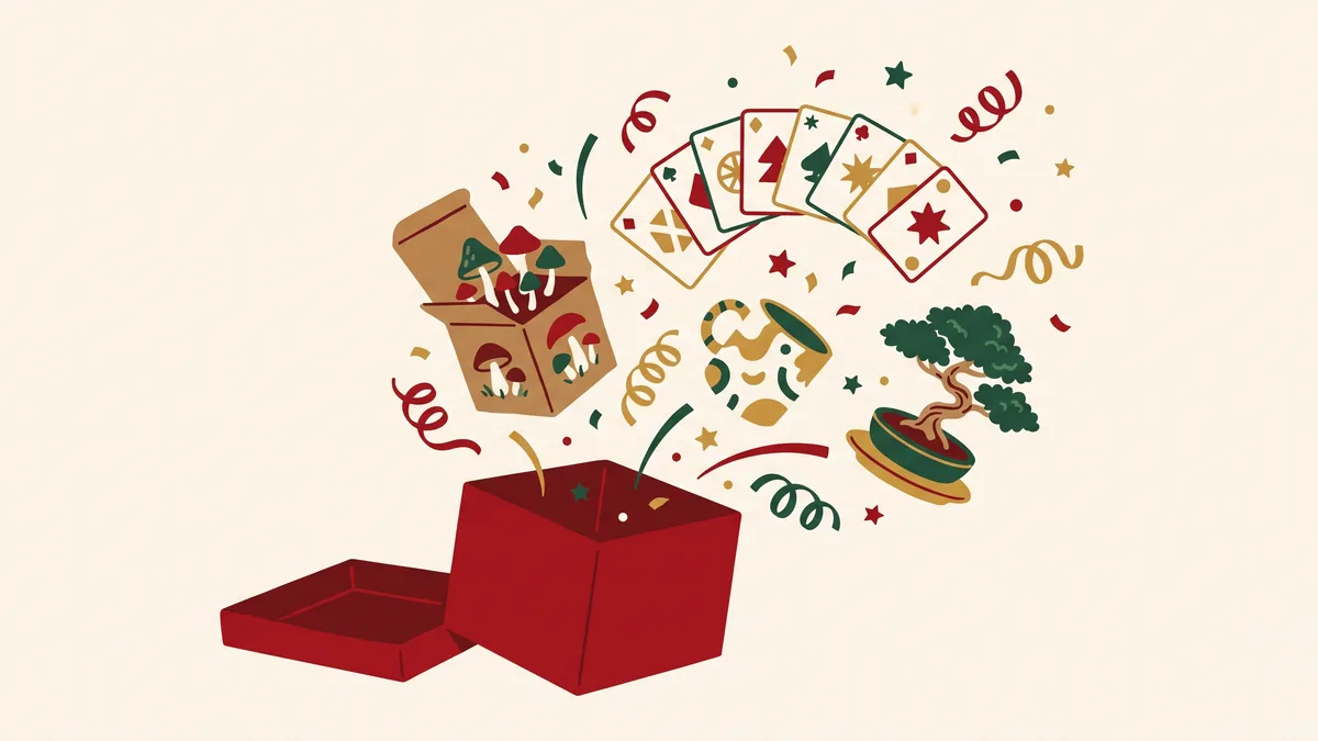 Caja de regalo con juegos de cartas, kit de setas y bonsái para el amigo invisible