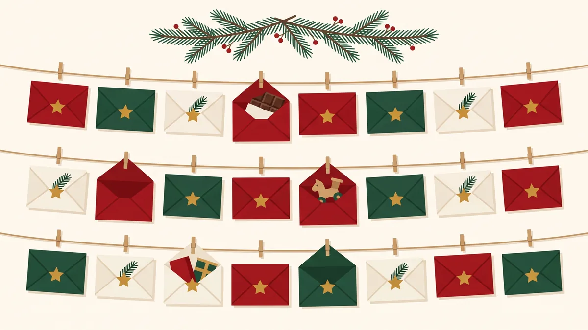 Calendario de adviento casero con 24 sobres colgados de un cordel