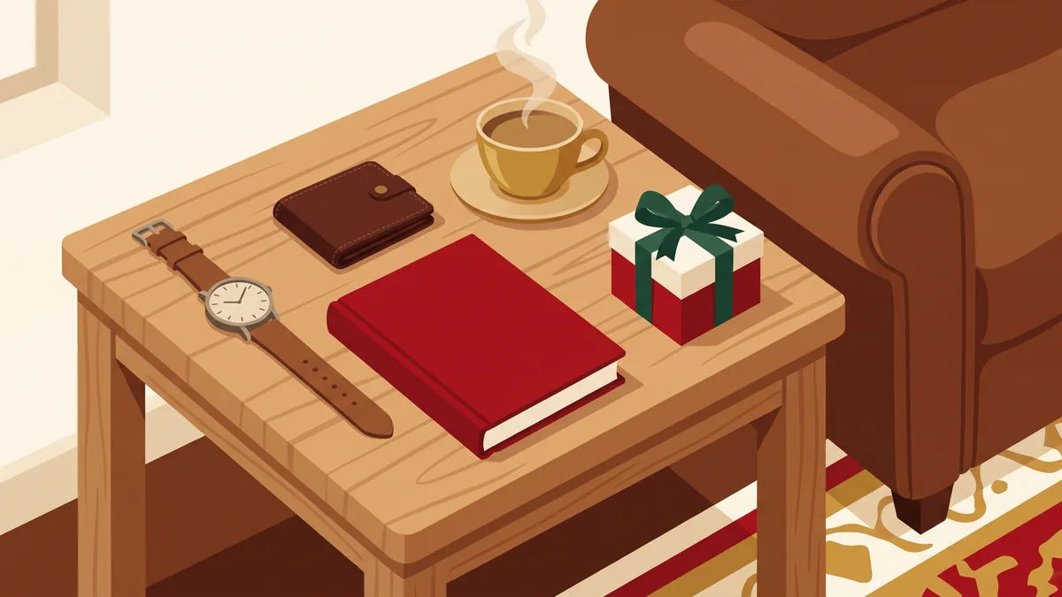 Cartera, reloj, libro, café y un regalo junto a un sillón de piel