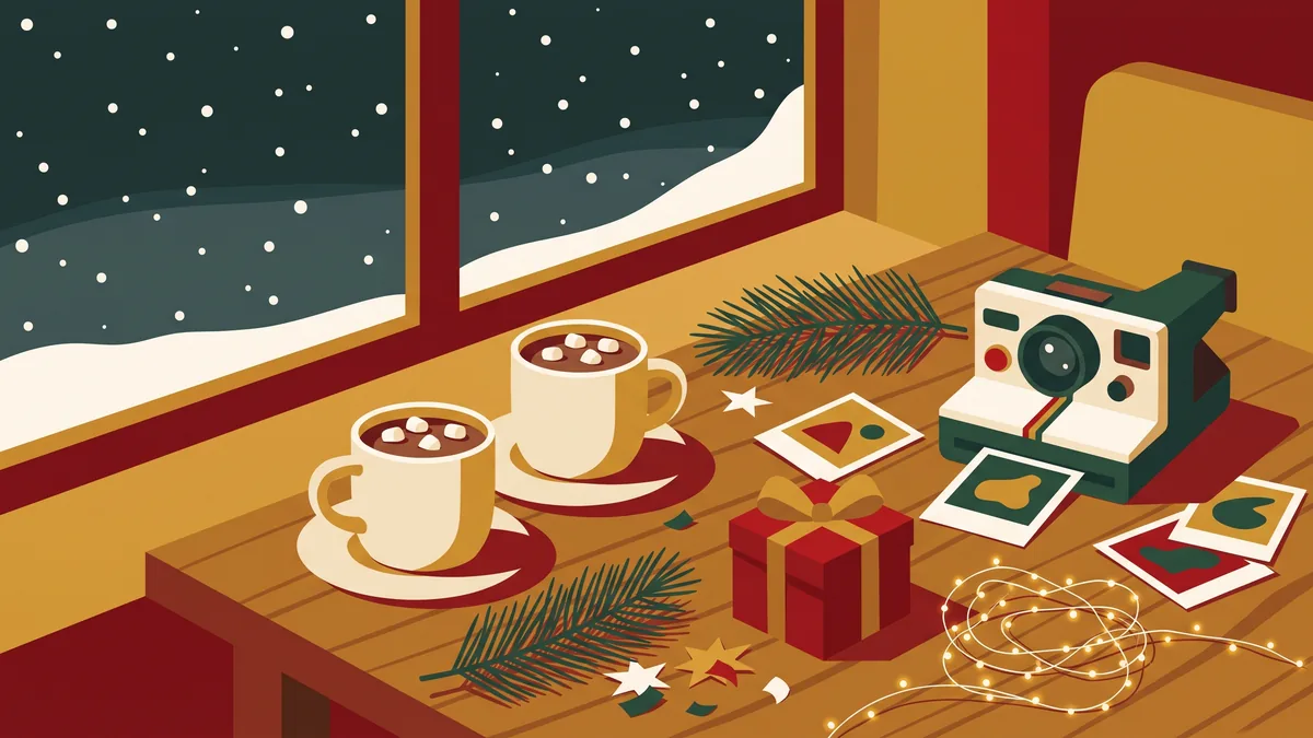 Mesa junto a la ventana nevada con chocolate caliente, cámara instantánea y regalo
