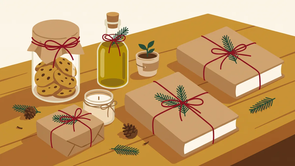 Regalos sencillos envueltos en papel kraft con cordel rojo