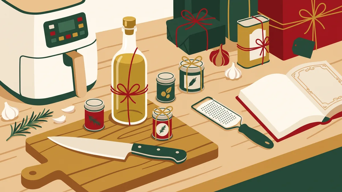 Regalos para cocinar: cuchillo, tabla, aceite, especias, rallador y freidora de aire