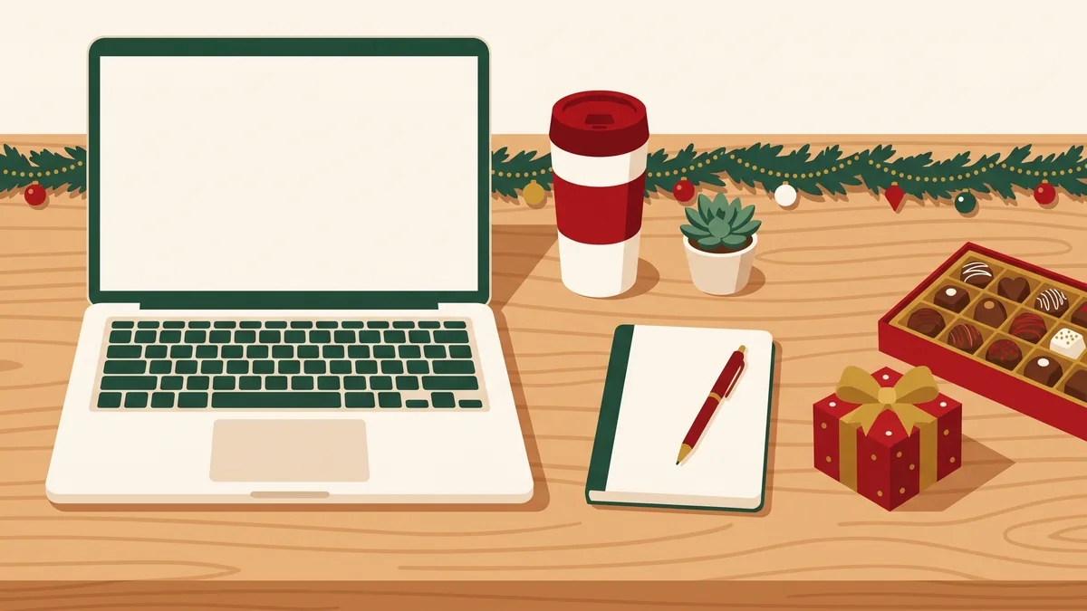 Escritorio de oficina navideño con taza térmica, planta, cuaderno y bombones