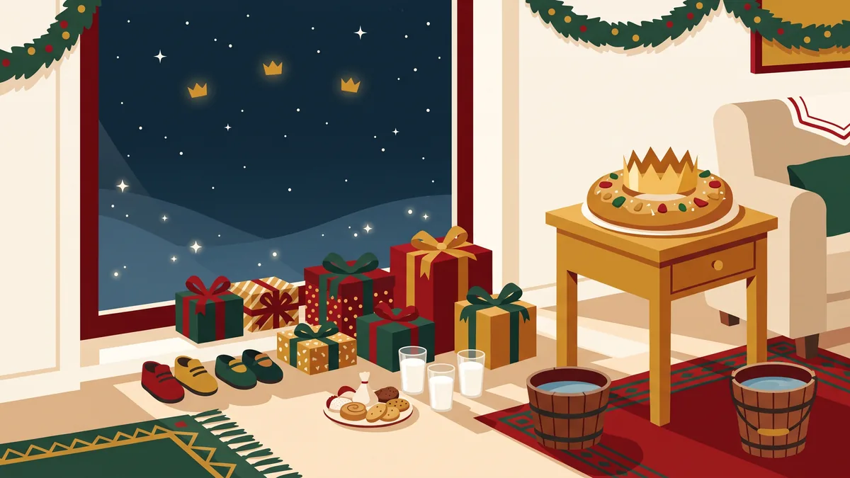 Noche de Reyes con zapatos, regalos, roscón y estrellas por la ventana