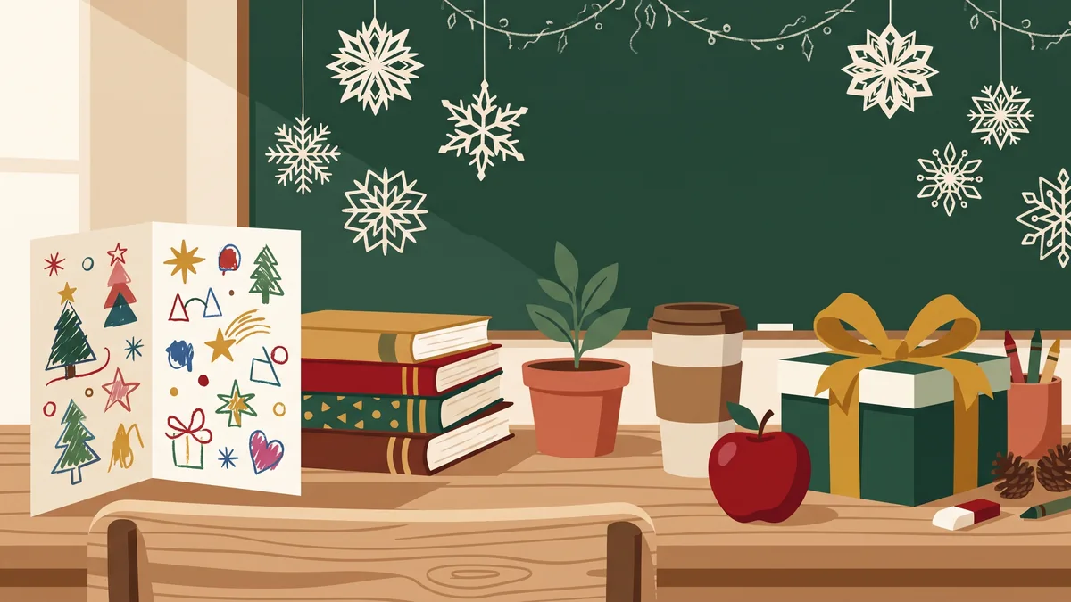 Mesa de profesora con tarjeta dibujada por los alumnos, libros, planta y regalo