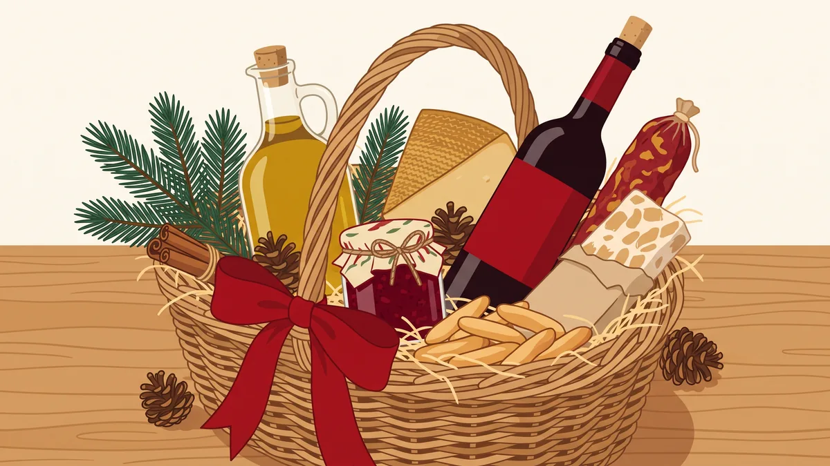 Cesta de Navidad casera con aceite, vino, queso, embutido, mermelada y turrón