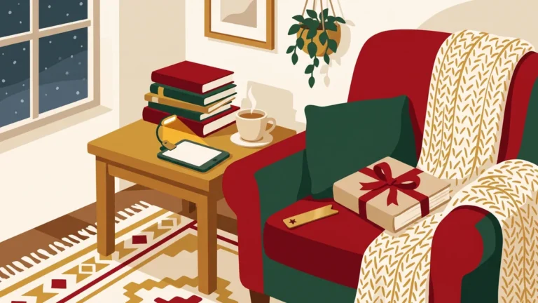 Rincón de lectura con sillón, libros, lector electrónico, té y un regalo