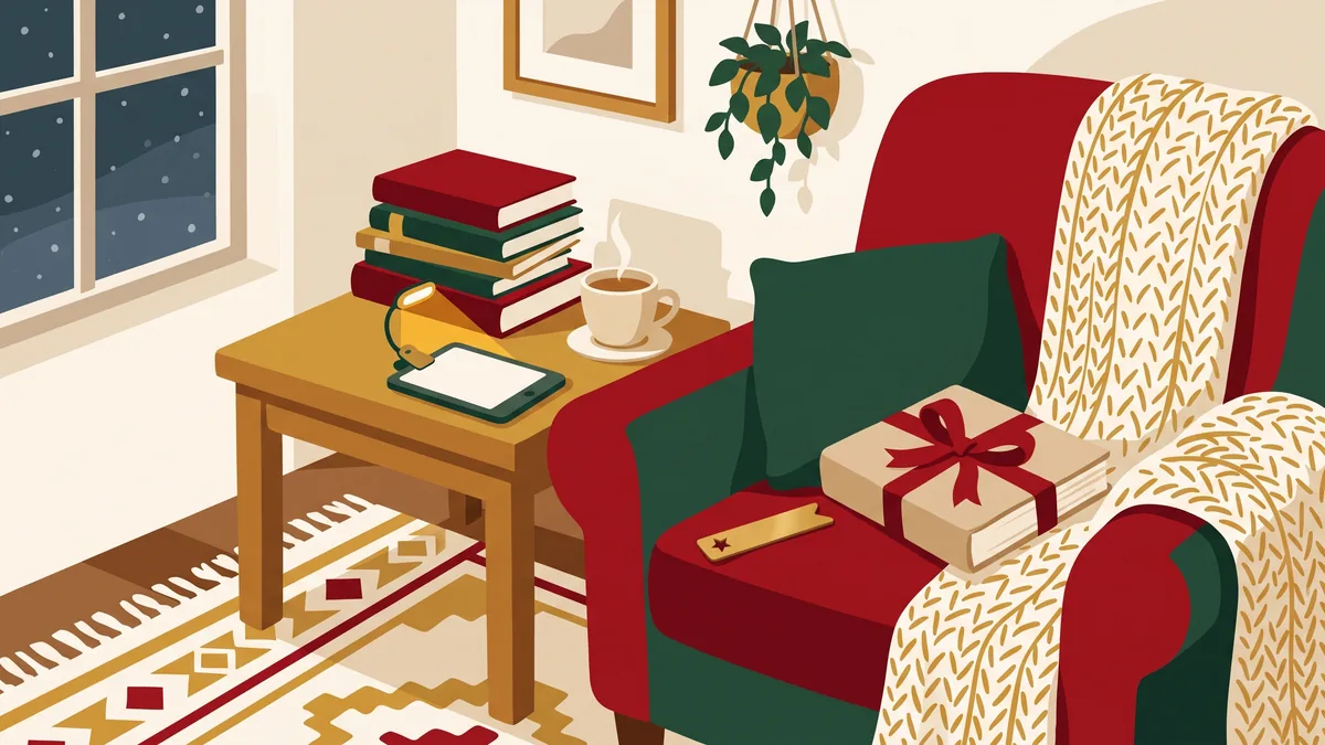 Rincón de lectura con sillón, libros, lector electrónico, té y un regalo