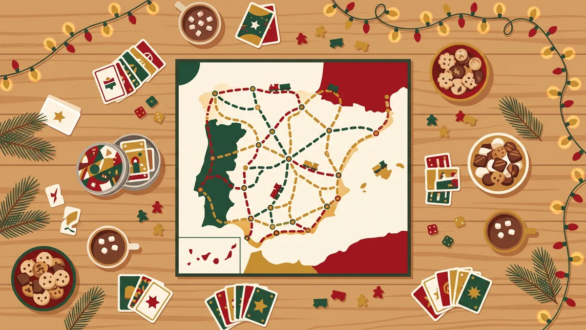 Mesa con juego de mesa de rutas, cartas, chocolate caliente y dulces navideños