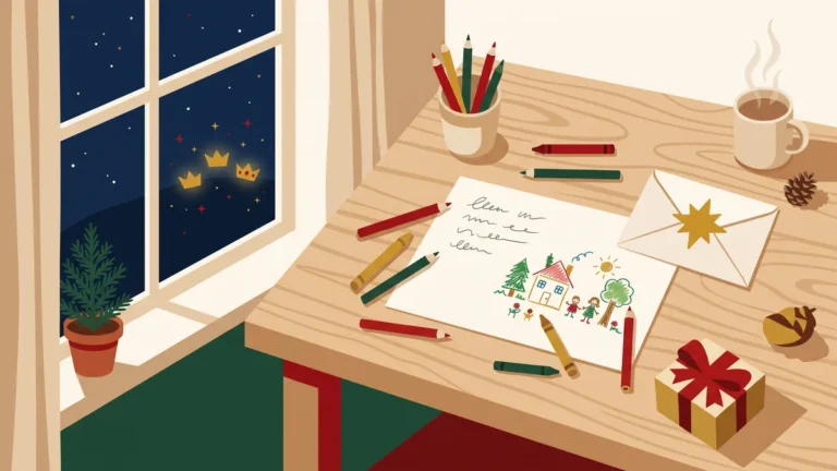 Escritorio infantil con carta a los Reyes Magos, lápices de colores y sobre