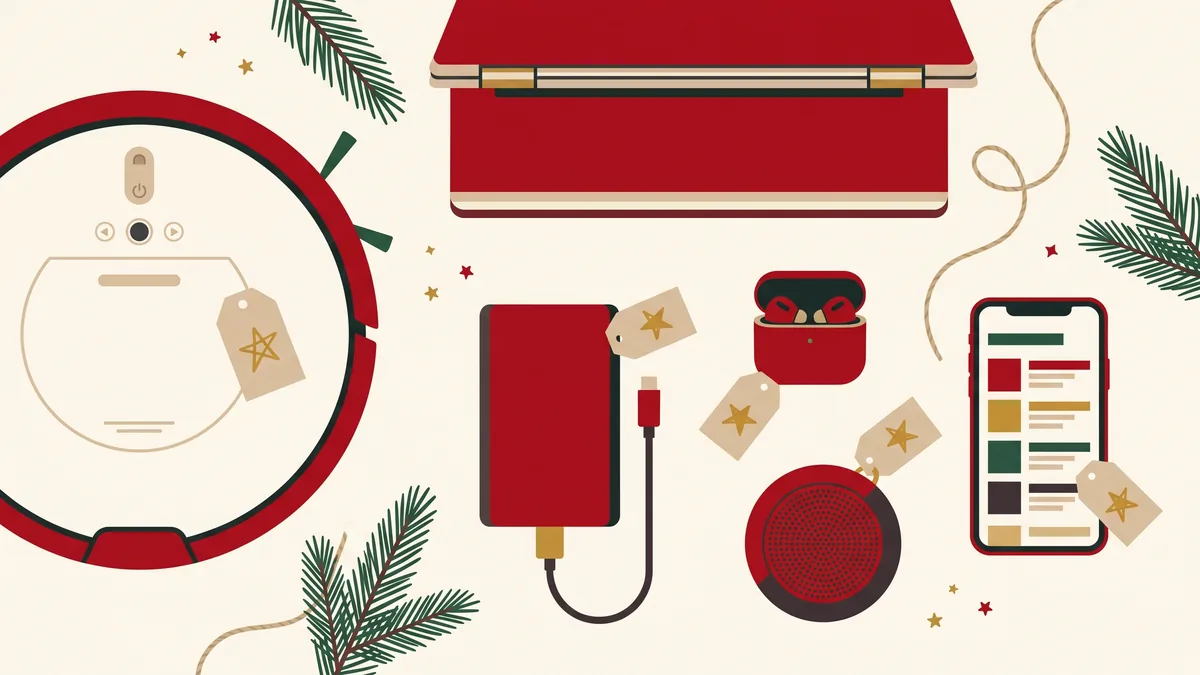 Regalos tecnológicos con etiquetas: robot aspirador, portátil, batería, auriculares y altavoz