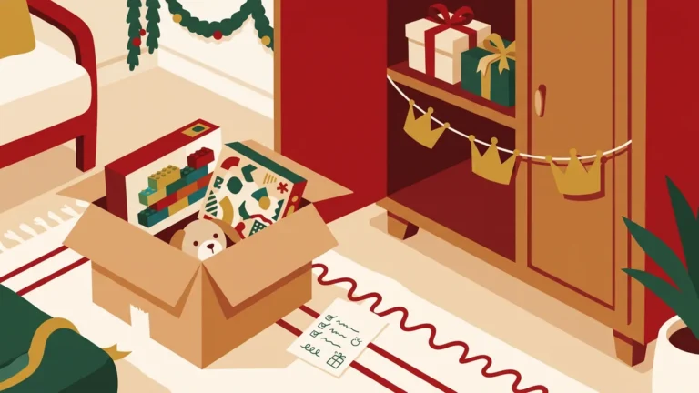 Caja con juguetes y lista de deseos junto a un armario con regalos escondidos